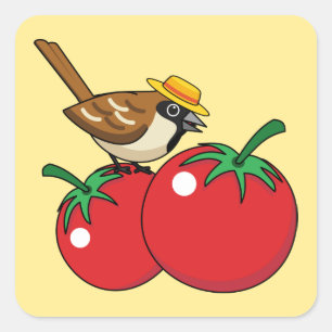 Sticker Carré Organic lover Sparrow Eating Red Tomato