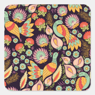 Sticker Carré Ornement vintage Folk Floral Birds