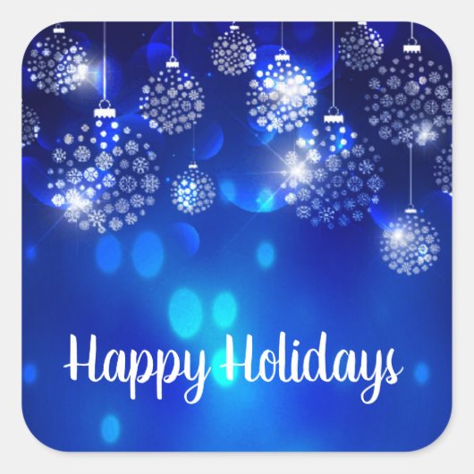 Sticker Carré Ornements Blancs Sur Bleu Joyeux Vacances (Devant)