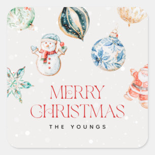 Sticker Carré Ornements de Noël à l'aquarelle Joyeux Noël