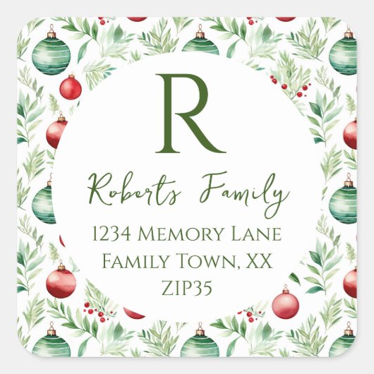 Sticker Carré Ornements de Noël Adresse Classic Round S (Devant)
