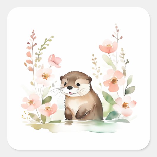 Sticker Carré Otter Adorable Avec Fleurs (Devant)