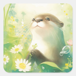 Sticker Carré Otter Holding Flower in Green Daisy and Lily Pad
