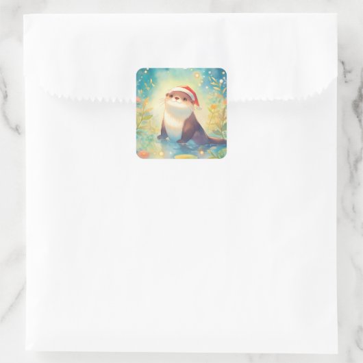 Sticker Carré Otter in Santa Hat in Pond with Flowers and Bokeh (Sac)