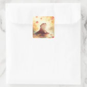 Sticker Carré Otter in Water with Falling Autumn Maple Leaves (Sac)
