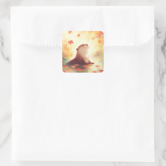 Sticker Carré Otter in Water with Falling Autumn Maple Leaves (Sac)