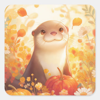 Sticker Carré Otter with Pumpkins and Autumn Flowers