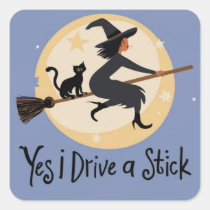 Sticker Carré Oui, je conduis un Autocollant, sorcière et chat n