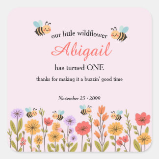 Sticker Carré Our Little Wildflower Floral Bee 1st Birthday
