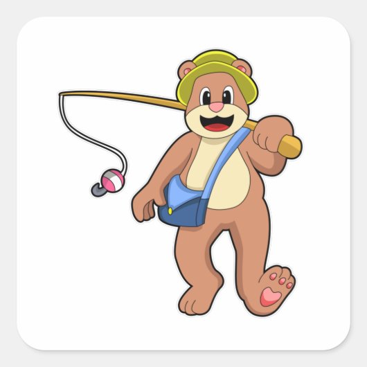 Sticker Carré Ours à la pêche avec une baguette de pêche (Devant)