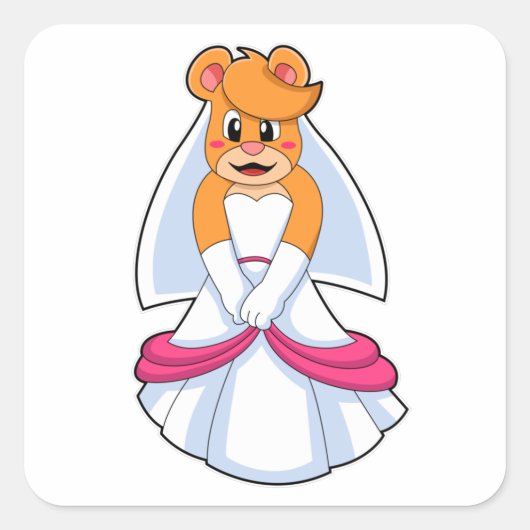 Sticker Carré Ours avec robe Mariage & Voile (Devant)