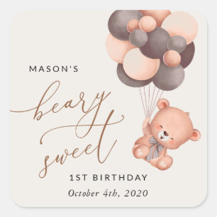 Sticker Carré Ours, Ballons Brown, Premier Anniversaire