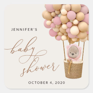 Sticker Carré Ours, Ballons roses, Ballons à air chaud, Baby sho