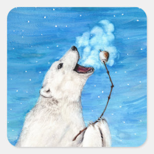 Sticker Carré Ours blanc avec la guimauve grillée