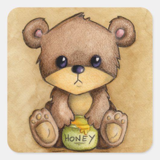 Sticker Carré Ours Brun Mignon Avec Un Pot De Miel (Devant)