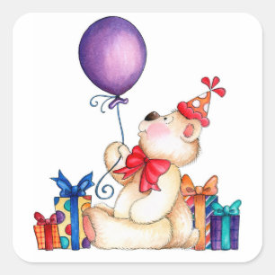 Sticker Carré Ours d'anniversaire avec ballon