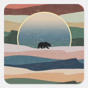 STICKER CARRÉ OURS DANS LE DÉSERT AU SOLEIL COUCHANT