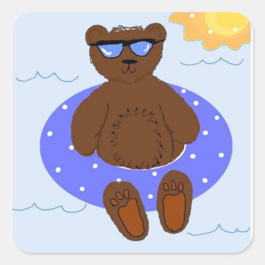Sticker Carré Ours de fête au bord de la piscine (Devant)