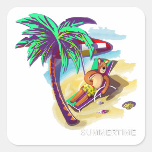 Sticker Carré Ours d'été relaxant sur la plage tropicale