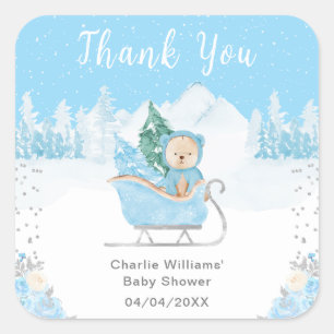 Sticker Carré Ours d'hiver bleu traîneau Baby Shower Merci