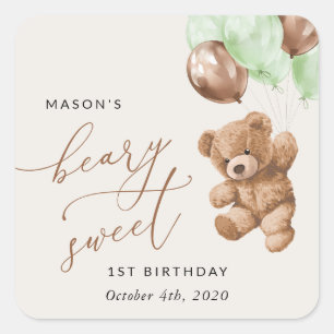 Sticker Carré Ours En Conflit, Ballons Verts, Premier Anniversai