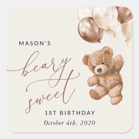 Sticker Carré Ours En Joue, Ballons Brown, Premier Anniversaire (Devant)