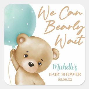 Sticker Carré Ours en peluche bleu on peut à peine attendre Baby