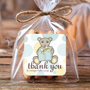 Sticker Carré Ours en peluche bleu pastel et jaune Merci