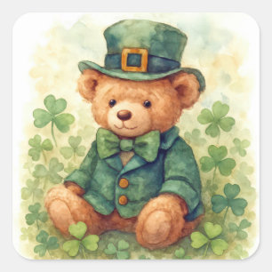 Sticker Carré Ours en peluche de la Saint-Patrick à l'aquarelle