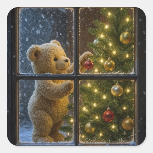 Sticker Carré Ours en peluche de Noël décorant un arbre (Devant)