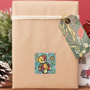 Sticker Carré Ours en peluche de Noël patchwork fantaisiste