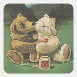Sticker Carré Ours en peluche embrassant vintage miel