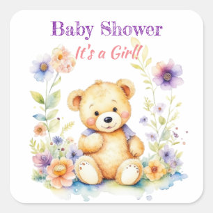 Sticker Carré Ours en peluche en fleurs Baby shower de fille