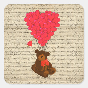 Sticker Carré Ours en peluche et coeur