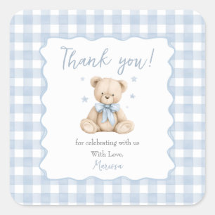 Sticker Carré Ours en peluche Gingham Bleu Baby Shower Classique