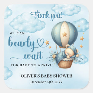 Sticker Carré Ours en peluche mignon bleu brun ivoire montgolfiè