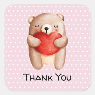 Sticker Carré Ours en peluche mignon portant un Merci du coeur r