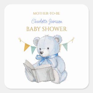 Sticker Carré Ours en peluche personnalisé lecture d'un livre Ba