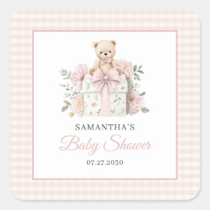 Sticker Carré Ours en peluche rose à carreaux floral Fille Baby