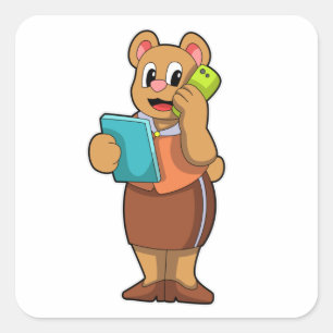Sticker Carré Ours en tant que secrétaire à l'appel avec télépho