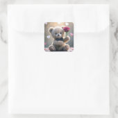 Sticker Carré Ours En Teddy Avec Rose Rouge (Sac)