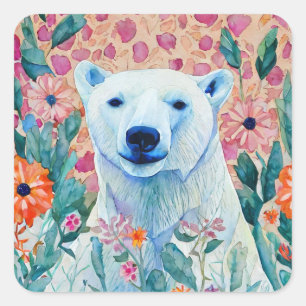 Sticker Carré Ours et fleurs polaires