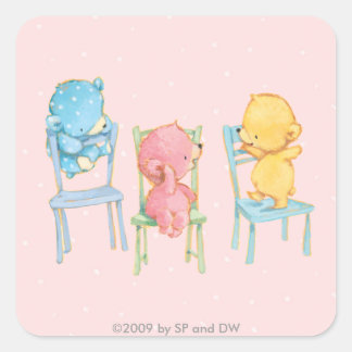 Sticker Carré Ours jaunes, roses et bleus sur chaises