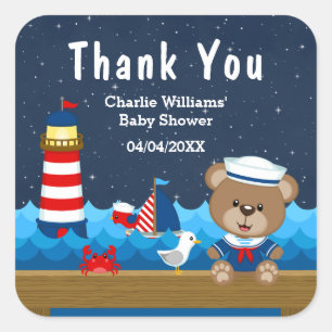 Sticker Carré Ours marin garçon nautique remerciement Baby Showe