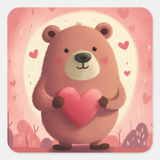 Sticker Carré Ours mignon en amour