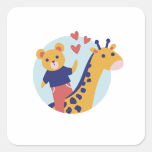 Sticker Carré Ours mignon et girafe