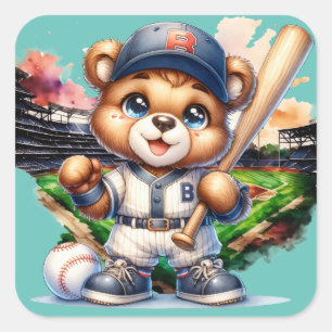 Sticker Carré Ours mignon jouant au baseball