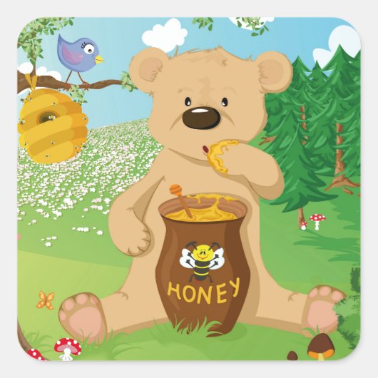 Sticker Carré Ours mignon mangeant du miel (Devant)
