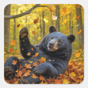 Sticker Carré Ours Noir Dans Les Feuilles Automnes