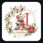 Sticker Carré Ours Poinsettia Foliage Baby's First Christmas<br><div class="desc">Ce design présente un ours en peluche de Noël avec chapeau de Père Noël et présente à l'intérieur de la couronne de Noël avec poinsettia,  feuillage verdoyant et baies rouges. Vous pouvez ajuster le texte en fonction de vos besoins.</div>